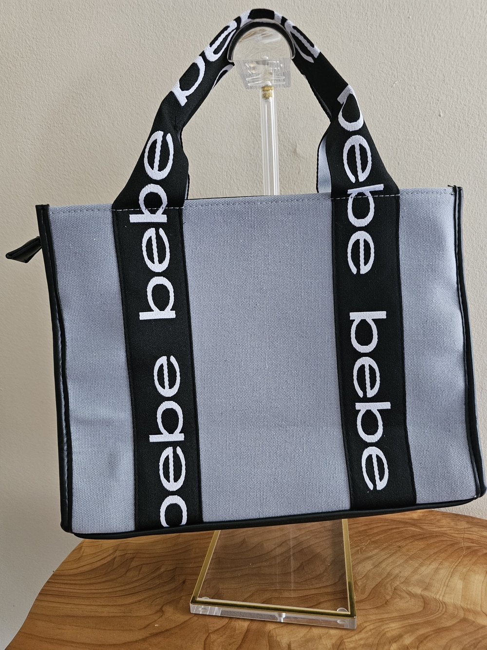 bebe Gray Canvas Tote with Logo Strap - Picture 2 of 6